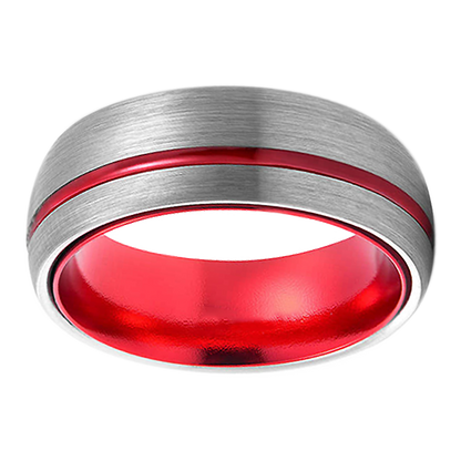 8mm Domed Brushed with Red Polished Inlay Tungsten Ring
