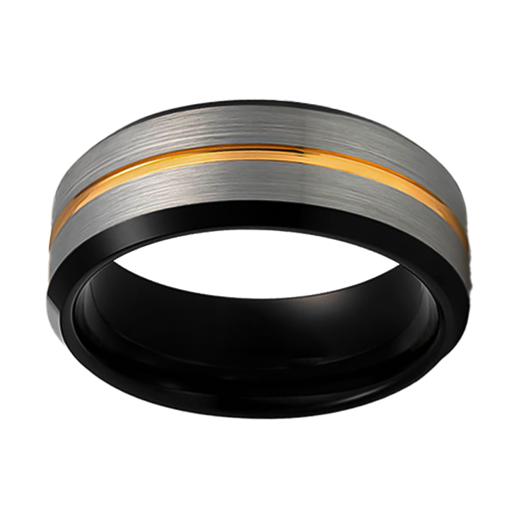 8mm Brushed Black and Grey Polished Yellow Gold Plated Inlay Tungsten Ring