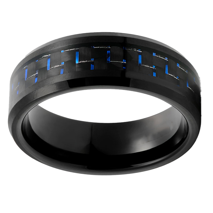 8mm Black with Black and Blue Carbon Inlay Tungsten Ring