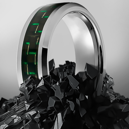 8mm Silver with green Carbon Inlay Tungsten Ring