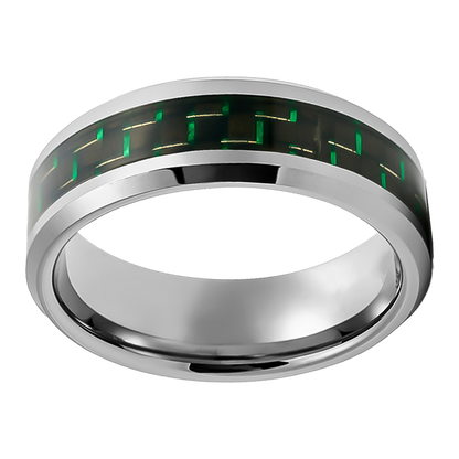 8mm Silver with green Carbon Inlay Tungsten Ring