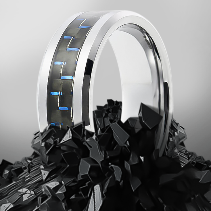 8mm Silver with Black and Blue Carbon Inlay Tungsten Ring