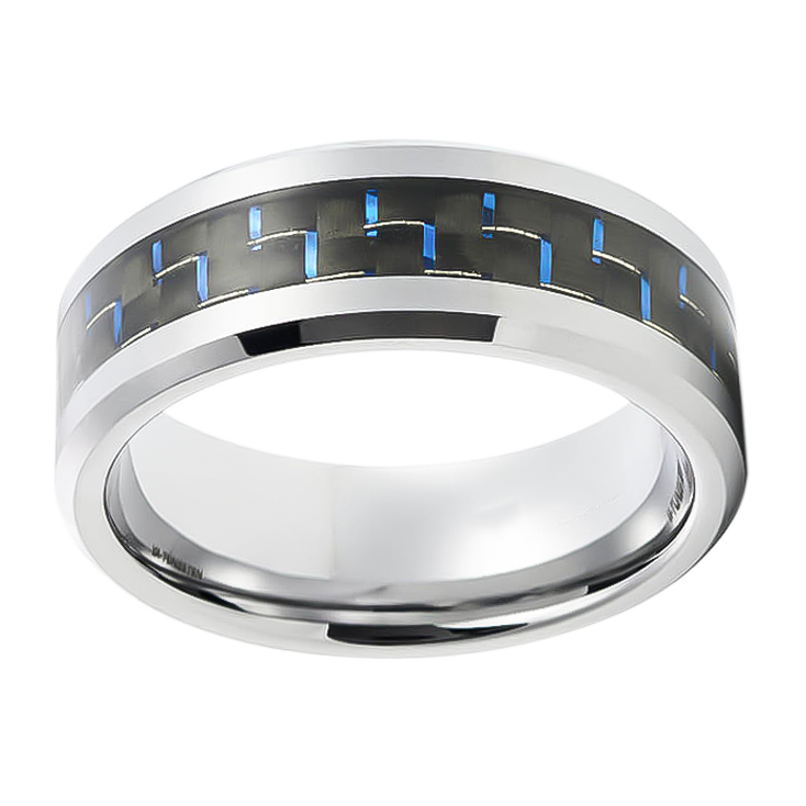 8mm Silver with Black and Blue Carbon Inlay Tungsten Ring