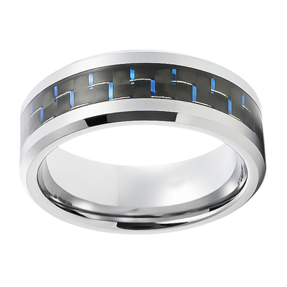 8mm Silver with Black and Blue Carbon Inlay Tungsten Ring