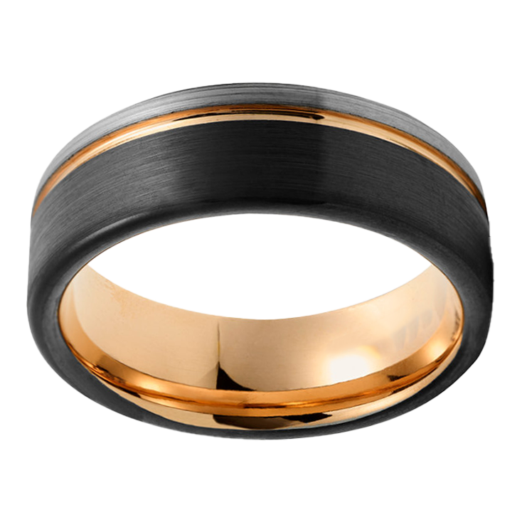 8mm Black Grey Brushed With Rose Gold plating Inlay and Groove Tungsten Ring