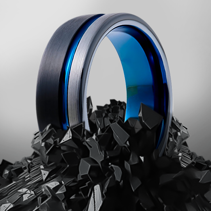 8mm Black Grey Brushed With Blue Inlay and Groove Tungsten Ring