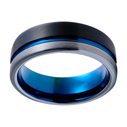 8mm Black Grey Brushed With Blue Inlay and Groove Tungsten Ring