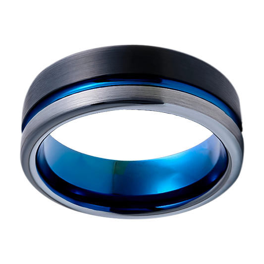 8mm Black Grey Brushed With Blue Inlay and Groove Tungsten Ring