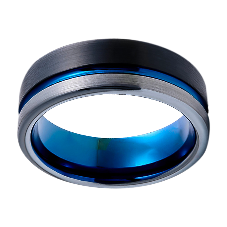 8mm Black Grey Brushed With Blue Inlay and Groove Tungsten Ring
