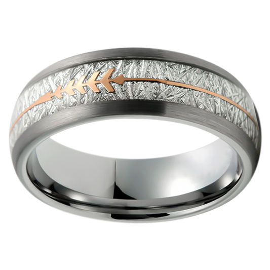 8mm Rose Gold Plated Arrow Motif with Silver Carbon Inlay Tungsten Ring