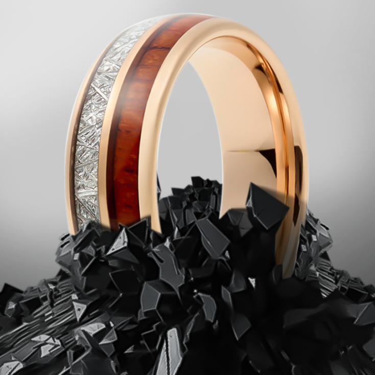 8mm Rose Gold Plated Silver Carbon and Wood Inlay Tungsten Ring