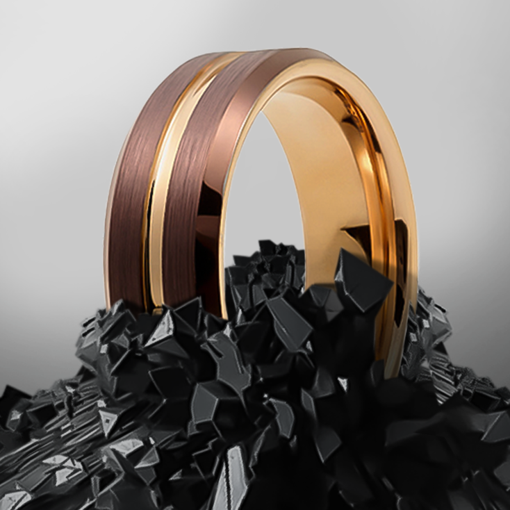 8mm Matte Brown Bevel Raised and Plated Yellow Gold Tungsten Ring