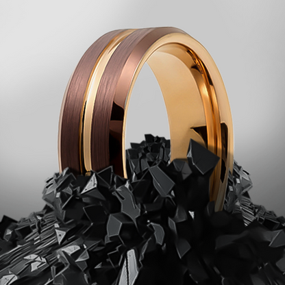8mm Matte Brown Bevel Raised and Plated Yellow Gold Tungsten Ring