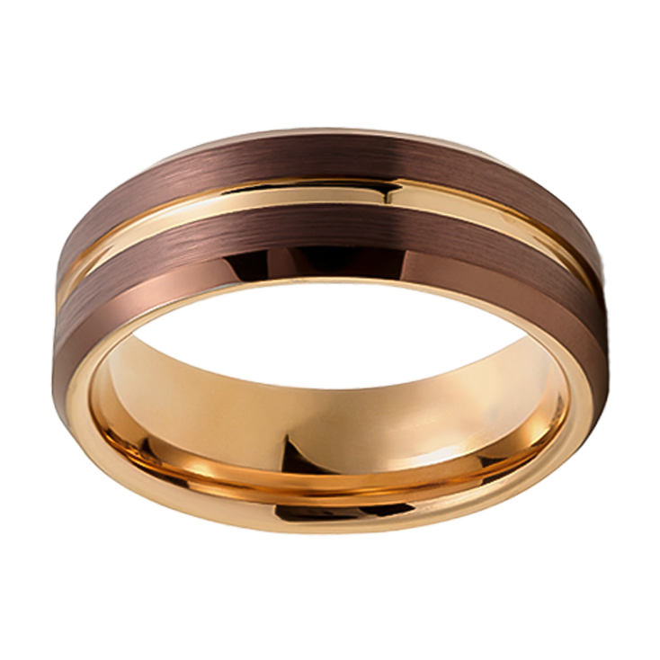 8mm Matte Brown Bevel Raised and Plated Yellow Gold Tungsten Ring