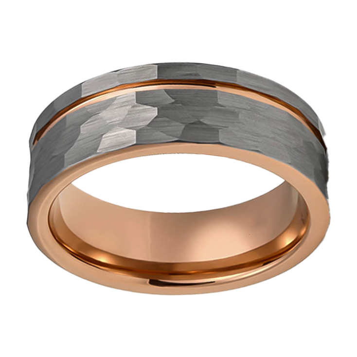 8mm Hammered Brushed with Rose Gold plated Polished Tungsten Ring