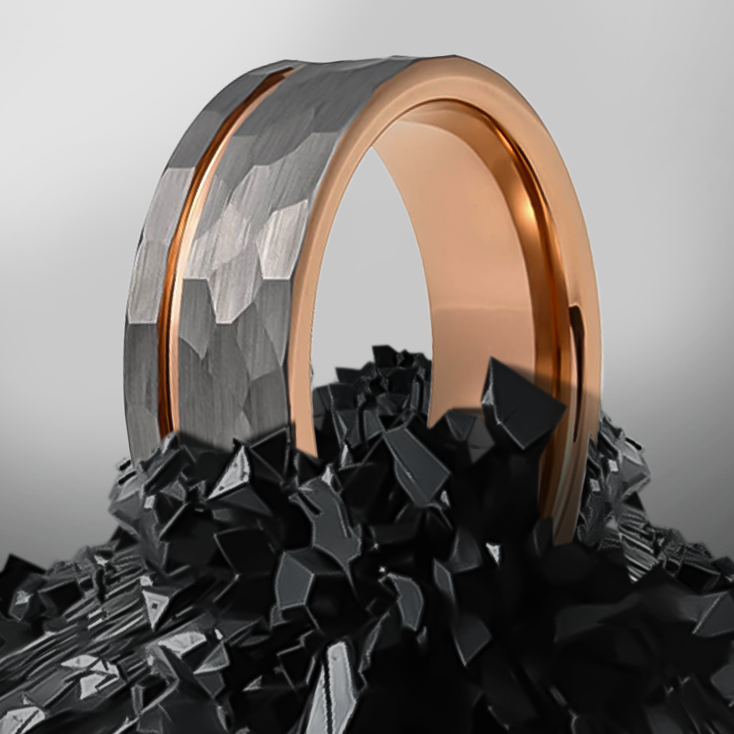 8mm Hammered Brushed with Rose Gold plated Polished Tungsten Ring