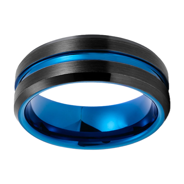 8mm Black Brushed Beveled Edge with Blue Polished Inlay Tungsten Ring