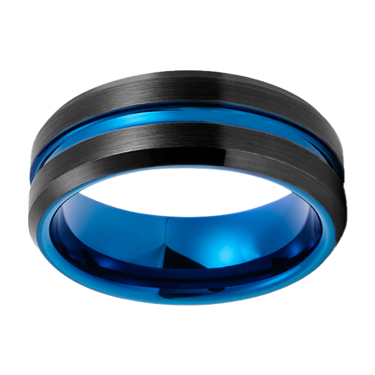 8mm Black Brushed Beveled Edge with Blue Polished Inlay Tungsten Ring