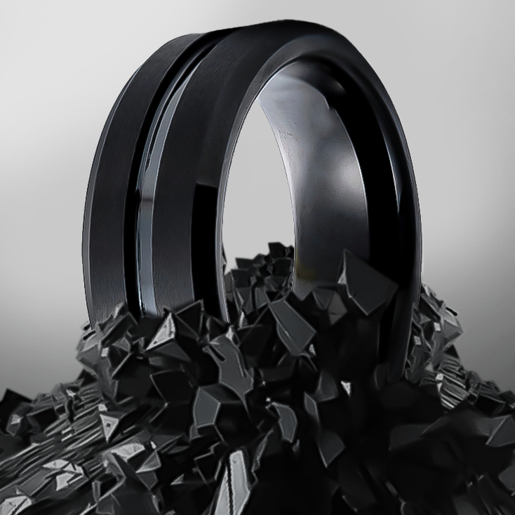 8mm Beveled Black Brushed with Polished Grooves Tungsten Ring