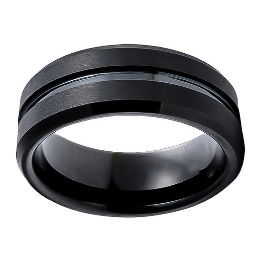 8mm Beveled Black Brushed with Polished Grooves Tungsten Ring