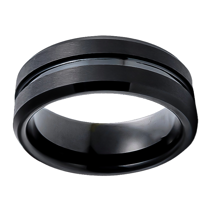 8mm Beveled Black Brushed with Polished Grooves Tungsten Ring