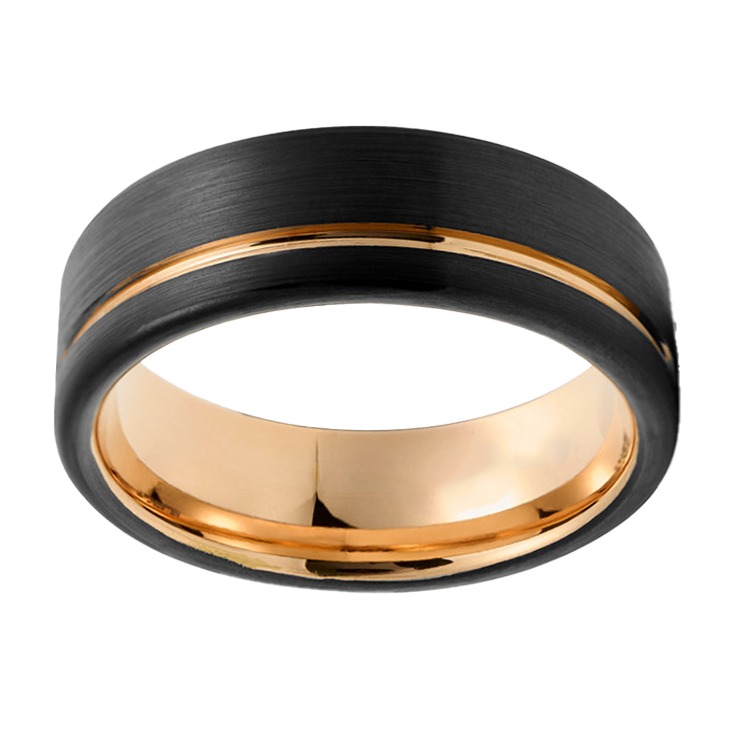 8mm Rounded Black Brushed with Rose Gold Plated Polished Groove Tungsten Ring