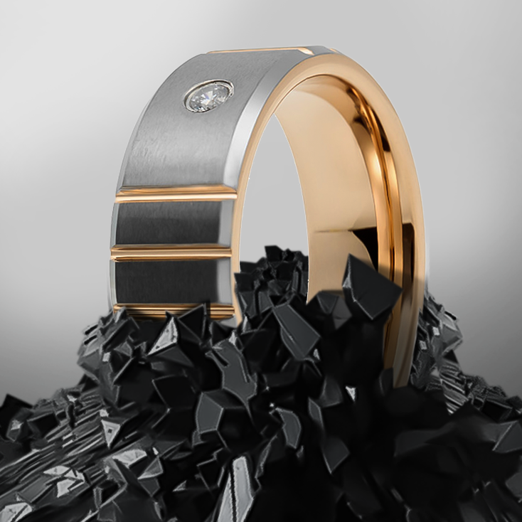 8mm Brushed Silver with Yellow Gold Plated Inlay and a single Stone Tungsten Ring
