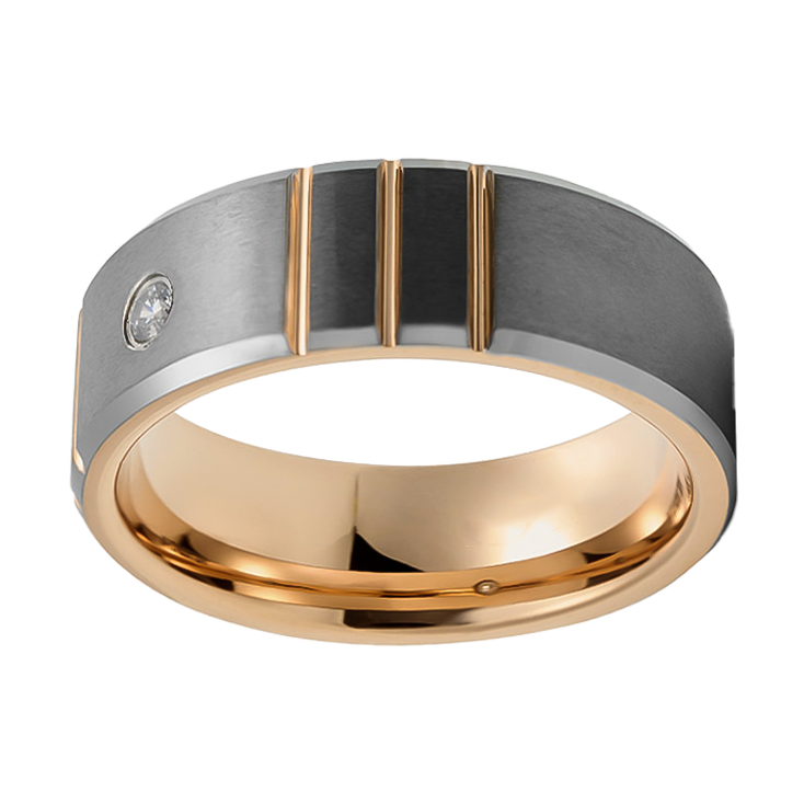8mm Brushed Silver with Yellow Gold Plated Inlay and a single Stone Tungsten Ring