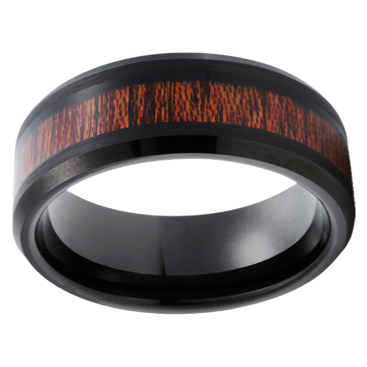8mm Beveled Edge Polished Wood Inlay Black Tungsten Ring