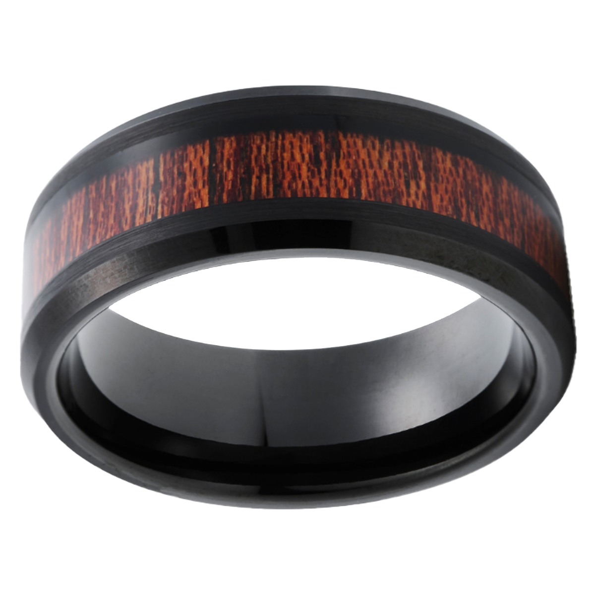 8mm Beveled Edge Polished Wood Inlay Black Tungsten Ring