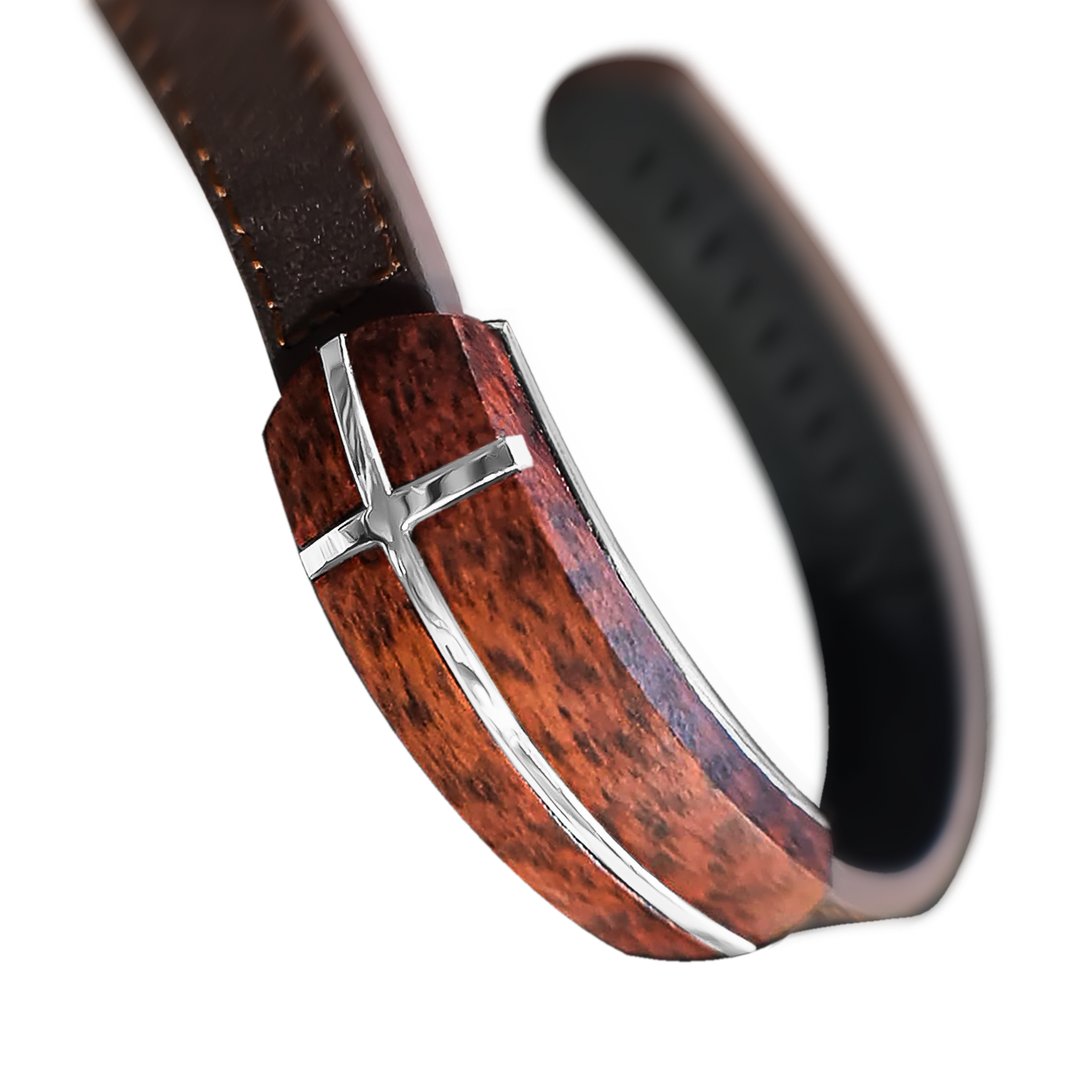 22 CM Stainless Steel Cross Leopard Wood Leather Bracelet
