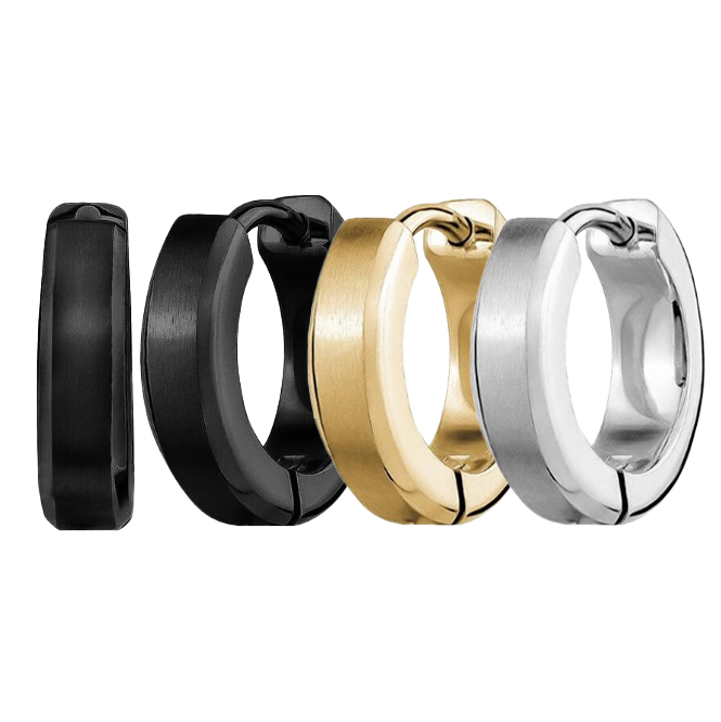 Mens Beveled Edge Hoop Huggie Stainless Steel Studs