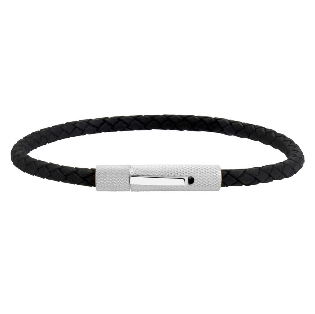 6mm Woven Genuine Black Leather with Textured Clasp Steel Bracelet