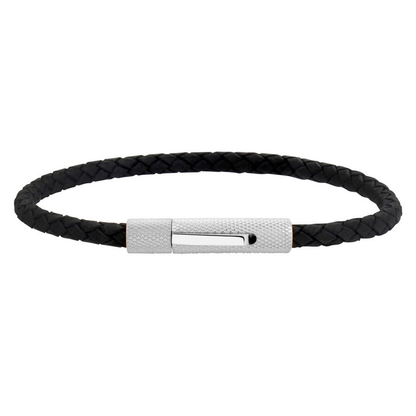 6mm Woven Genuine Black Leather with Textured Clasp Steel Bracelet
