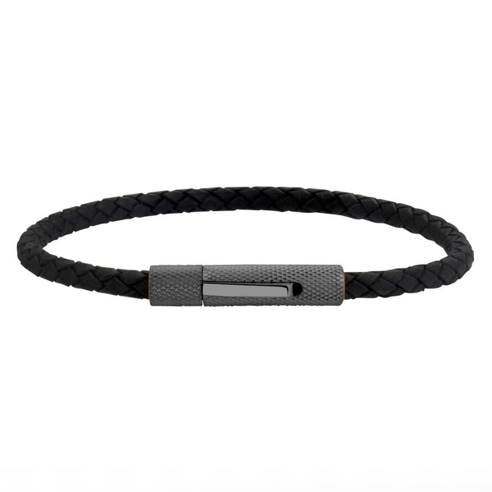 6mm Woven Genuine Black Leather with Textured Clasp Steel Bracelet