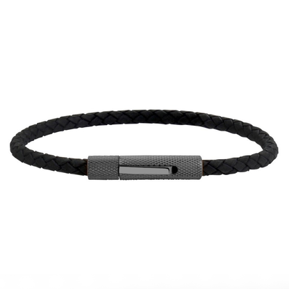 6mm Woven Genuine Black Leather with Textured Clasp Steel Bracelet