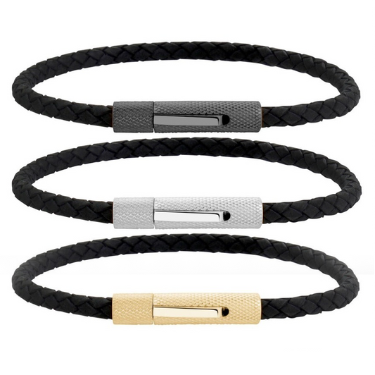 6mm Woven Genuine Black Leather with Textured Clasp Steel Bracelet