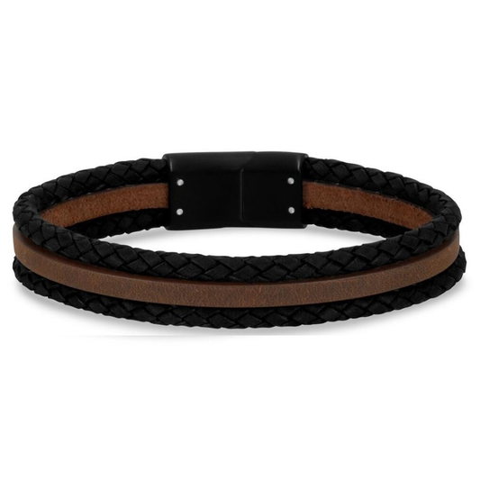 Woven Black and Brown Leather with Steel Clasp Bracelet