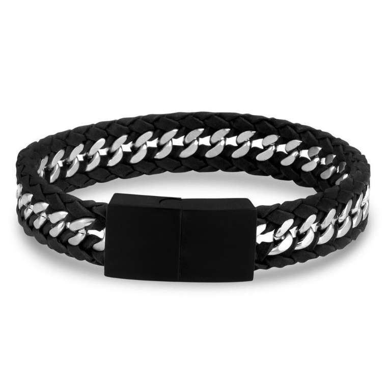 Interlinked Metal and Leather Strap Stainless Steel Bracelet
