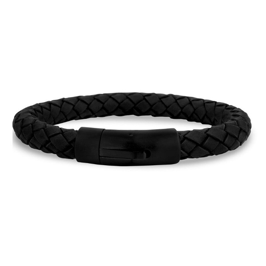 Thick Black Leather Wrapped with Steel Clasp Bracelet