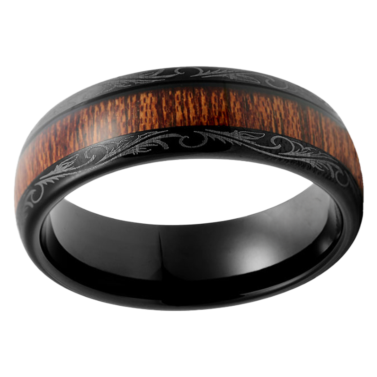 8mm Deco Dome Polished Wood Inlay Black Tungsten Ring