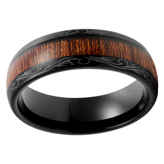 8mm Deco Dome Polished Wood Inlay Black Tungsten Ring