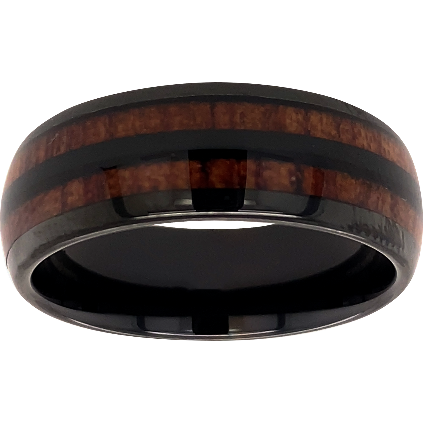 8mm Dome Polished Wood Inlay Black Tungsten Ring
