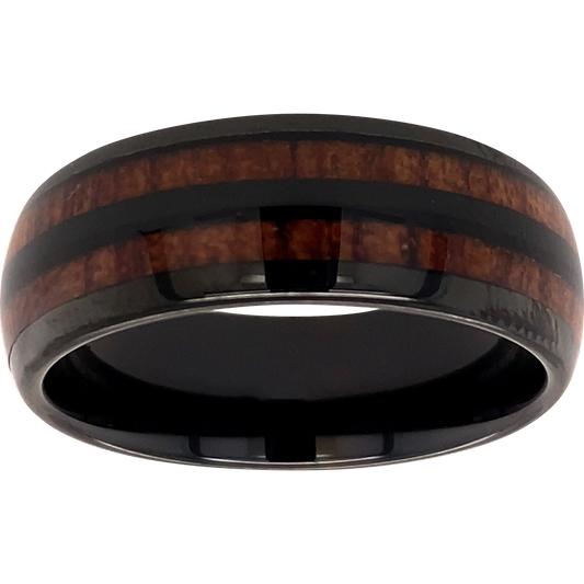 8mm Dome Polished Wood Inlay Black Tungsten Ring