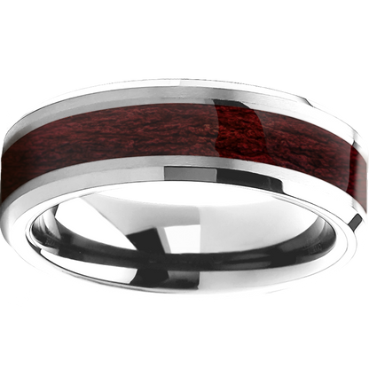 8mm Beveled Polished Wood Inlay Silver Tungsten Ring