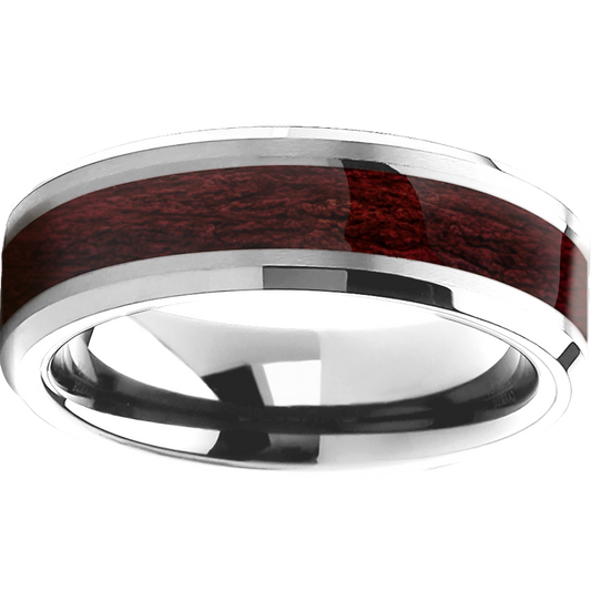 8mm Beveled Polished Wood Inlay Silver Tungsten Ring