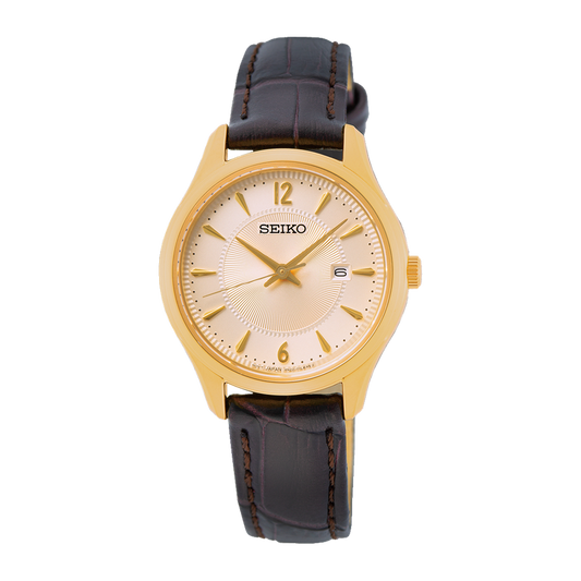 Seiko Classic Leather Gold Steel Watch Ladies